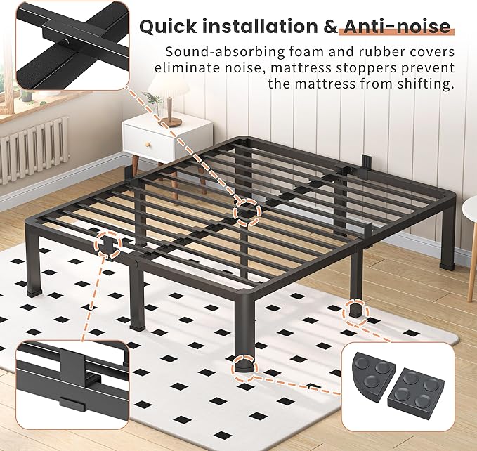 20 Inch Full Heavy Duty 3500 lbs Bed Frame with Round-Corner Legs & Anti-Squeak Design – Quick Assembly Metal Platform, No Box Spring Needed