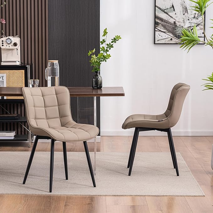 YOUTASTE Khaki Dining Chairs Set of 2, Comfy Faux Leather Upholstered Kitchen Chairs with Black Metal Legs, Mid-Century Modern Design, Accent Chair for Dining Room, Bedroom, Reception