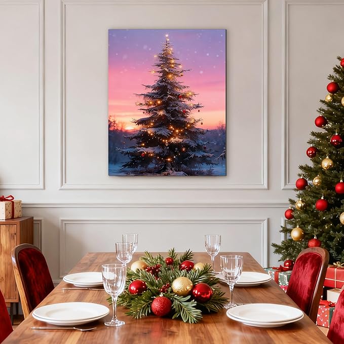 Framed Christmas Pictures Wall Decor,Vintage Pine Tree Prints,Winter Christmas Canvas Wall Art Decoration for Bedroom Bathroom Living Room Rustic Xmas Holiday Gifts (Christmas Tree 10, 16'' X 20'')