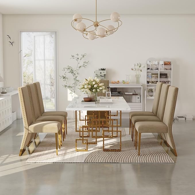 AUZ Dining Chairs with Nail Head Trim, Modern Velvet Upholstered Dining Room Chairs in Lovely Color with Polished Gold Stainless Steel Legs, Set of 8