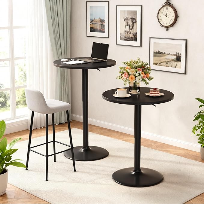 Shahoo Round Bar Table, Adjustable Height and 360° Swivel Bistro Pub Table, Cooktail Table for Bar, Bistro, Dining Room, Black