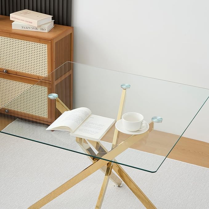36" Square Glass Dining Table Modern Kitchen Glass Top Table for 4 with Gold Chrome Metal Legs, Clear Dining Table Kitchen Table for Home Office Dining Room
