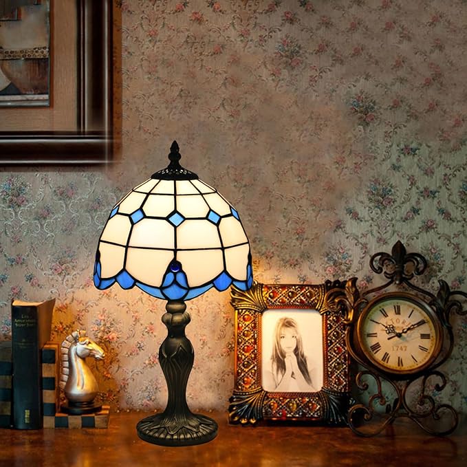 Tiffany Table Lamp, Tiffany Style Stained Glass Lamp, 8 Inch Small Antique Bedside Lamp, for Nightstand Bedroom Living Room Home Office, Blue, Include LED Bulb