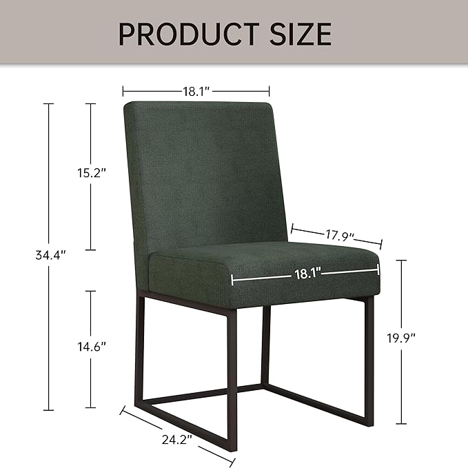 VKNOW Upholstered Dining Chairs Set of 2, Modern Dining Room Chairs, Linen Kitchen Chair Dinner Chair with Black Metal Base for Kitchen Office, Green-Unstriped