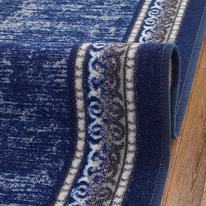 Antep Rugs Alfombras Bordered Modern 2x5 Non-Slip (Non-Skid) Low Pile Rubber Backing Kitchen Area Runner Rug (Navy, 2' x 5')