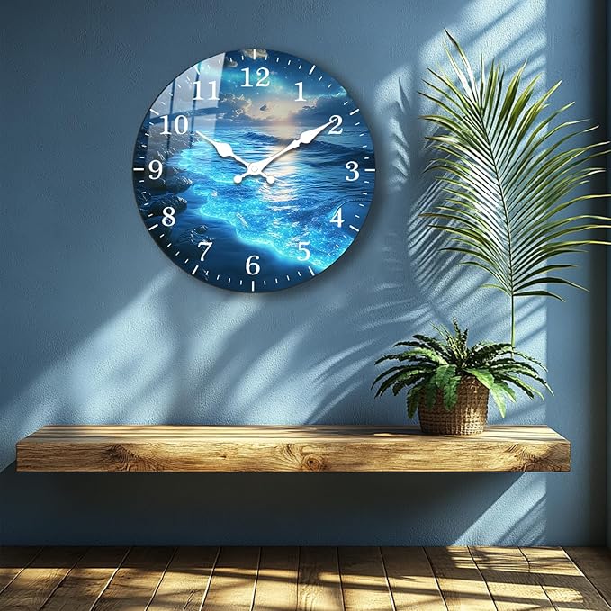 Oversized Blue Tears Wall-Clock 24 inch Coast Beach Silent Clocks Battery Operated Wooden Round Wall Clock for Kitchen, Office, Living Room Wall Decor