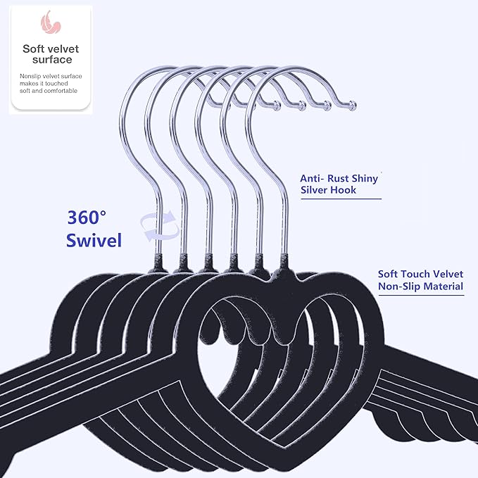 Black Velvet Hangers 50 Pack, 16" Non Slip Adult Hangers, Slim Clothes Hanger with 360 Degree Swivel Hook - Durable & Cute