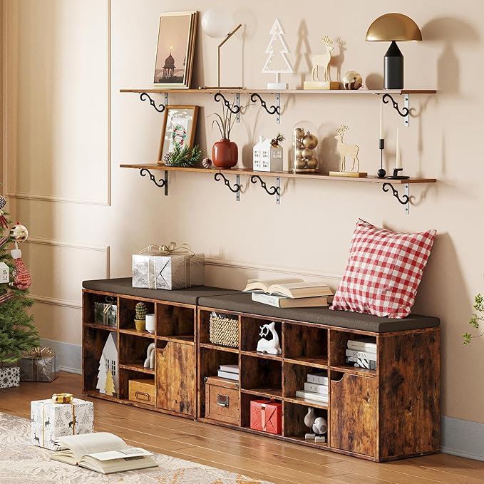 DINZI LVJ Long Wall Shelves, 39.4" Large Floating Shelves Set of 4, Farmhouse Display Shelf Wall Mounted with Heavy Duty Brackets, Easy Assembly for Kitchen, Bathroom, Bedroom, Balcony, Rustic Brown