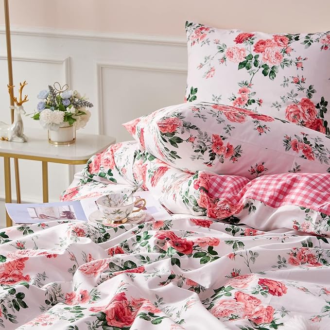 Botanical Floral Duvet Cover King Vintage Garden Flower Duvet Cover 100% Microfiber Floral Comforter Cover Reversible Pink Plaid Wildflower Duvet Cover with Zipper Ties Boho Cottagecore Bedding Set