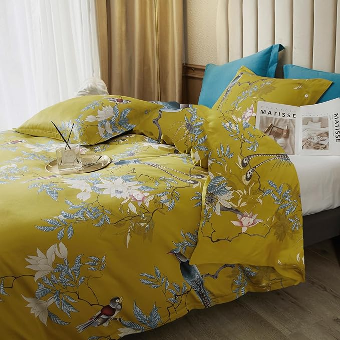 EAVD Garden Floral Full Comforter Set for Girls Fluffy Microfiber Chic Botanical Cute Birds on Yellow Bedding Comforter Set 1 Floral Comforter with 2 Pillowcases for All-Season