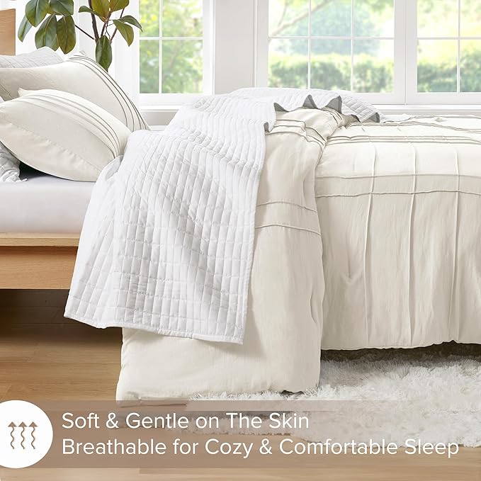 Comfort Spaces Cream King Size Comforter Set - 3 Pieces Pintuck Pleated Bedding Sets, All Season Lightweight, Extra Softness Pre-Washed Microfiber King Bed Set, Shams