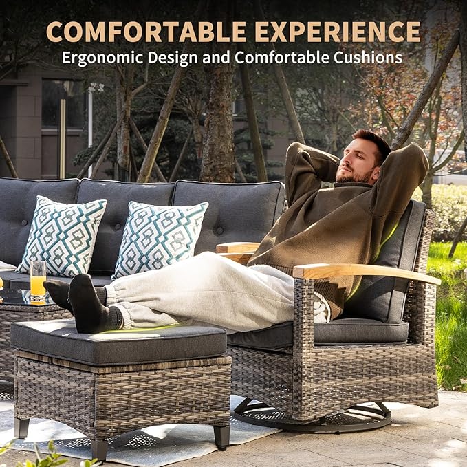 MEISSALIVVE Patio Furniture Sets, 7 Pieces Outdoor Rattan Furniture Conversation Sets with 2 Wood Armrests Swivel Rocker Chairs, 2 Ottoman, 3-Seat Sofa, 2-Seat Sofa and Coffee Table(Grey)