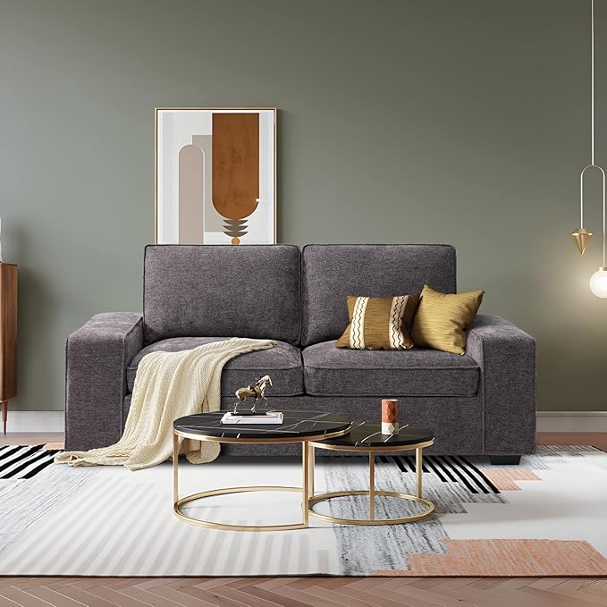 LEISLAND 71.25" Modern Sofas for Living Room, Small Sofas Couches for Small Spaces, Chenille Loveseat Couch with Solid Wood, Metal, Square Arm and Removable Cover/Easy to Install(Dark Grey)