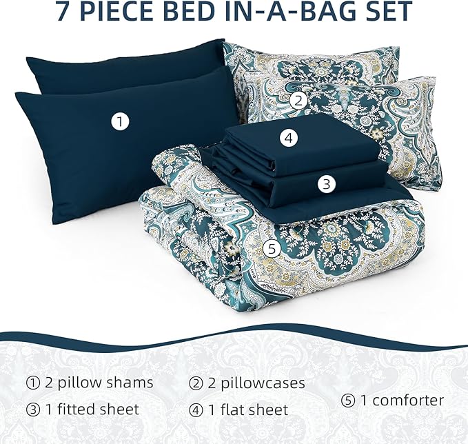 Drucon Paisley Comforter Set King Size, 7 Pieces Bed in a Bag Boho Comforter, Soft Lightweight Microfiber Bedding Set (1 Comforter, 1 Flat Sheet, 1 Fitted Sheet, 2 Pillow Shams, 2 Pillowcases)