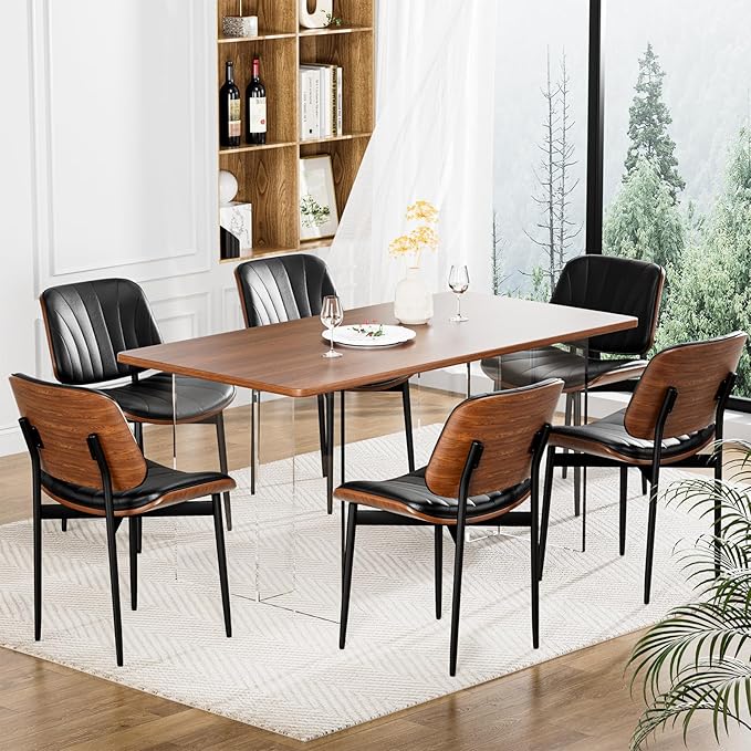 Dining Chairs Set of 4, Dining Room and Kitchen Chairs, FSC Certified Mid Century Modern Accent Chair, Upholstered PU Leather Chairs for Vanity with Walnut Bentwood and Metal Legs, Black