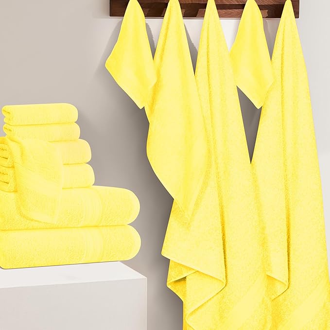 BOUTIQUO 24 Pack Cotton Towel Set, Contains 6 Bath Towels 27x54 inch, 6 Hand Towels 16x24 inch & 12 Wash Coths 12x12 inch, Ideal Everyday use, Ultra Soft Compact & Lightweight - Lime Yellow