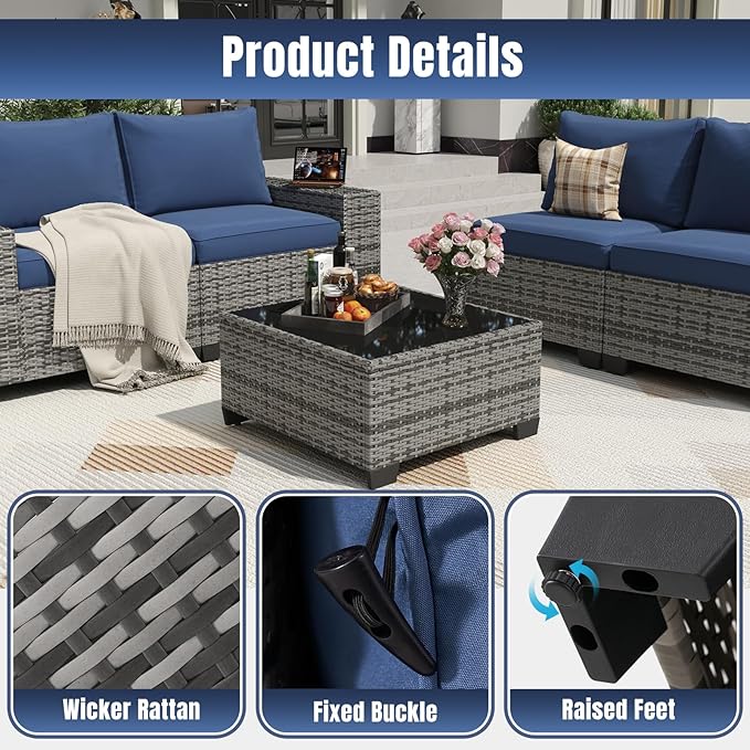 Aoxun 13 Pieces Patio Furniture Set with 44” Fire Pit Table Wicker Rattan Outdoor Sectional Conversation Set with Coffee Table and 4” Thickened Cushions, Gray/Blue(Waterproof Cover Included)