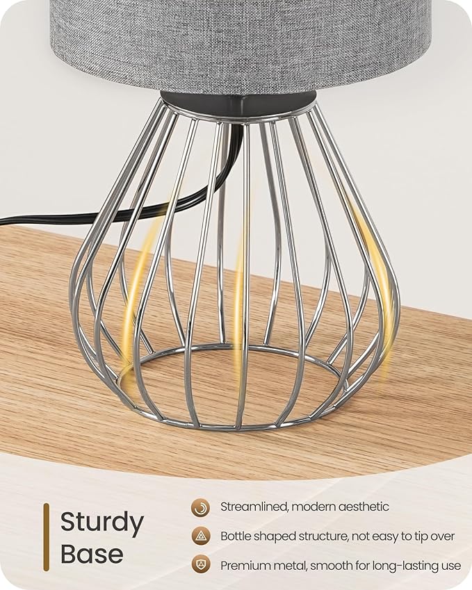 Small Table Lamp, Bedside Lamp with Grey Linen Lampshade & Silver Metal Base, Modern Nightstand Lamp, Little Cute Desk Lamp for Bedroom, Living Room, 2700K LED Bulb Included, SH06TL05
