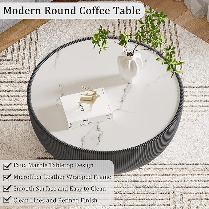 Round Coffee Table Set with Sintered Stone Tabletop, 27.56" Grey Drum Center Table and 19.69" White Coffee Table Set, 2 Pieces Living Room Table Set with Fluted PU Leather Cover& Metal Base