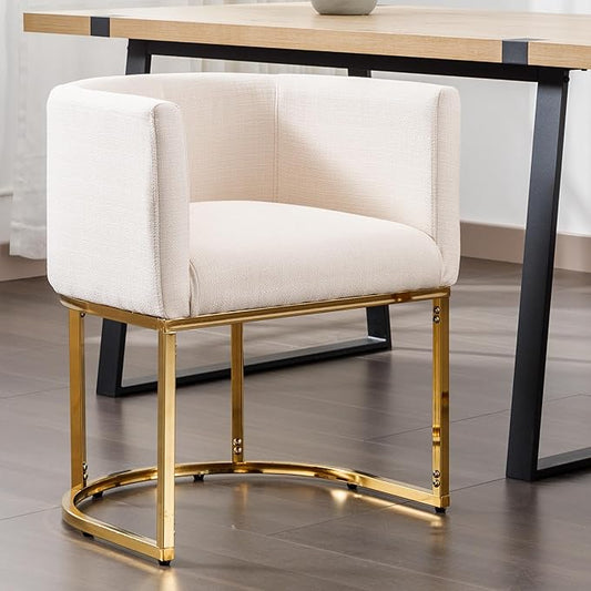Linen Fabric Dining Chair Modern Barrel Arm Chairs with Golden Frame, Upholstered Kitchen Chairs 18.5" Wide Accent Chair for Living Room Dining Room Restaurant, Cream
