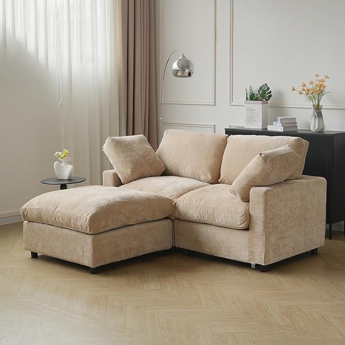 JACH 67" Love Seat Sectional Couches with Chaise Ottoman, Modern Convertible Modular Sofa, Cloud Sectional Couch, Sofa Covers Washable, Minimalist Couch for Living Room, Bedroom, Apartment, Khaki