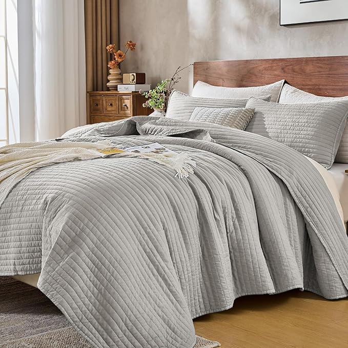 DOWN HOME King Quilt Bedding Set with Shams, Vintage Washed Soft Quilted Blanket Thin Comforter Lightweight Bedspread Coverlet Bed Cover, Brushed Microfiber Stripe Stitching, Light Gray, 104"x90"