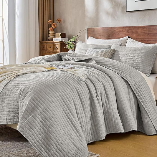 DOWN HOME Queen Quilt Bedding Set with Shams, Vintage Washed Soft Quilted Blanket Thin Comforter Lightweight Bedspread Coverlet Bed Cover, Brushed Microfiber Stripe Stitching, Light Gray, 86"x90"