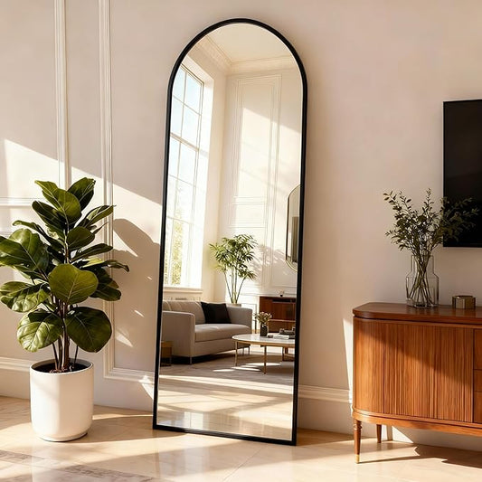 Arched Full Length Mirror,65" L x 24" W Floor Mirror, Aluminum Alloy Frame, Shatterproof Glass - Free Standing, Leaning or Wall Mounted for Bedroom, Living Room, Entryway, Modern Home (Black)