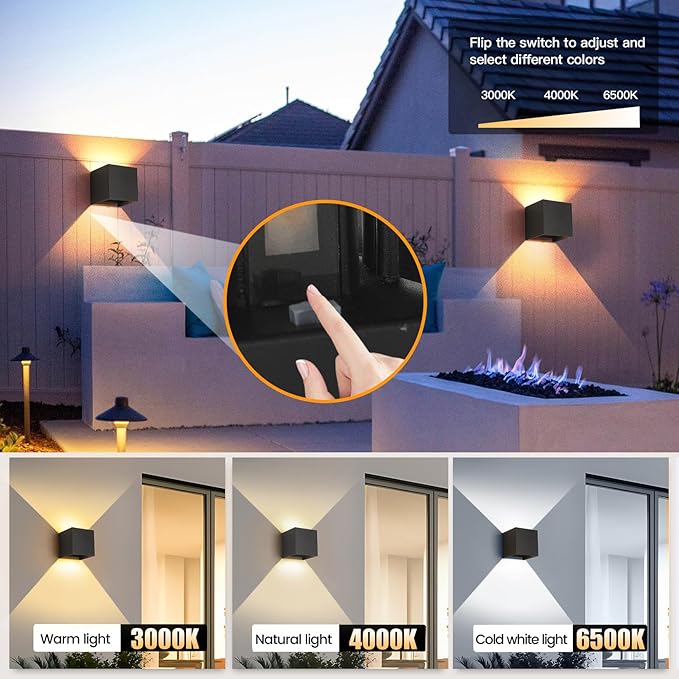 LED 20W Outdoor Wall Lights Exterior/Interior 3 Colors Adjustable Wall Sconce Up and Down Light Porch Lights IP65 Waterproof Exterior Wall Sconce Modern Outdoor Lighting Square Aluminum Black