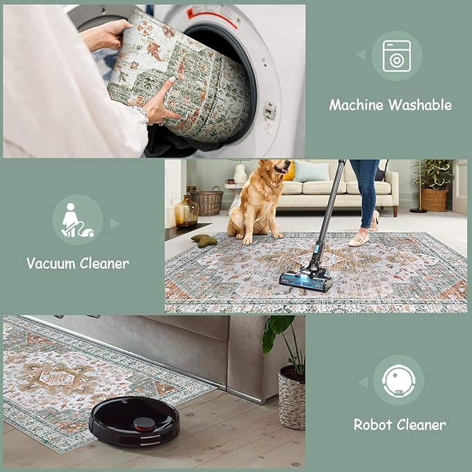 Moynesa Ultra-Thin Washable Area Rug - 5x7 Rugs for Living Room Washable Rugs for Bedroom Soft Office Mat, Printed Low Pile Accent Dining Room Carpet for Basement Nursery Playroom, Beige/Gold
