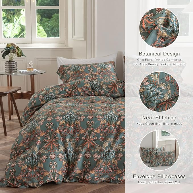 EAVD Boho Floral Comforter Set Fluffy Soft Microfiber Garden Floral Bedding Set with 2 Pillowcases Vintage Style Botanical Comforter Set for All-Season
