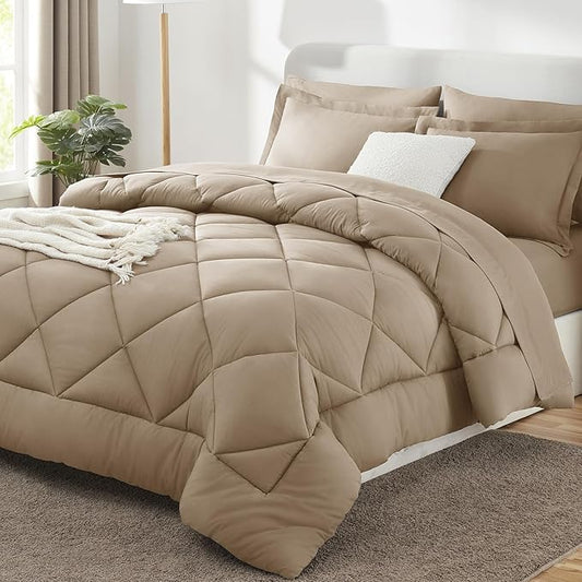 CozyLux Full Size Comforter Sets Taupe - 7 Pieces Bed in a Bag Full, Luxury Soft Bed Set for All Seasons, Bedding Set with Down Alternative Comforter, Sheets, Pillowcases & Shams