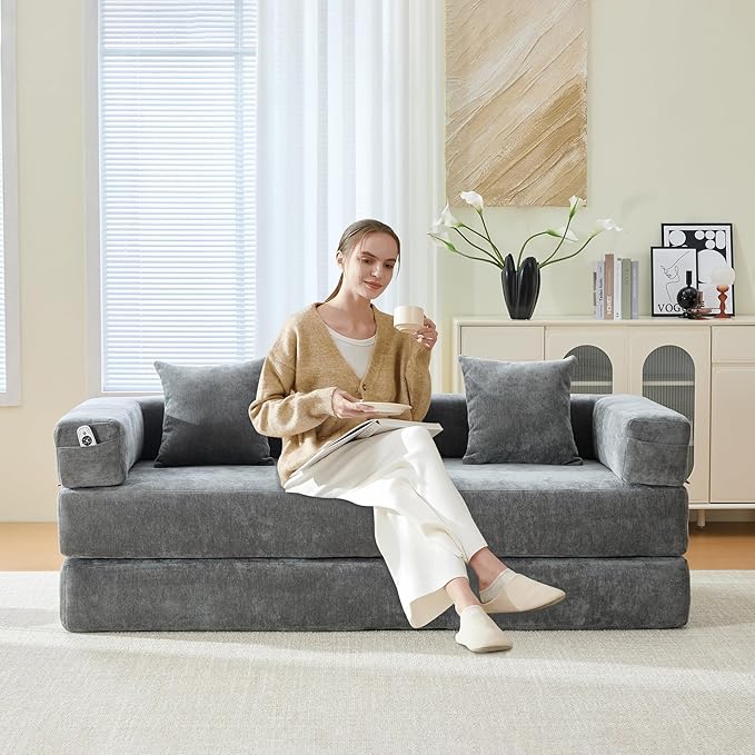 Convertible Floor Sofa Bed with Storage Pocket, Chenille Folding Mattress Sofa with Zipper Closure, Floor Lounge Couch for Living Room, Bedroom, Studio -Gray