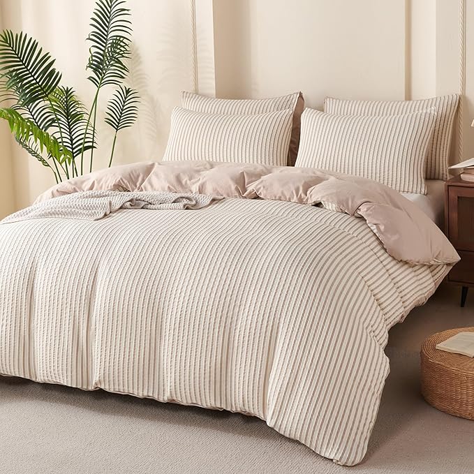 Comforter Queen Set Beige Striped Soft Luxury Washed Microfiber Jacquard 3 Pieces Bedding, White Beige Vertical Ticking Stripes Pattern Comforter with 2 Pillowcases Breathable Durable Comfy