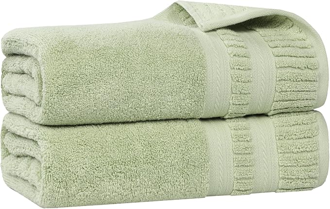 Superior Venice Zero Twist Cotton Medium Weight Bath Sheets, for Guest Bath, Bathroom, Shower, Spa, Plush Towels, Essentials, Ribbed Textured Border, Oversized Towels, Set of 2, Green