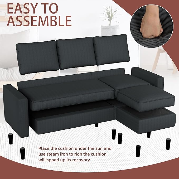 JAMFLY Sectional Sofa Couch Convertible L Shaped Sofas with Ottoman Small Sectional Couches for Living Room, 3 Seater Couch for Small Spaces, Dark Grey