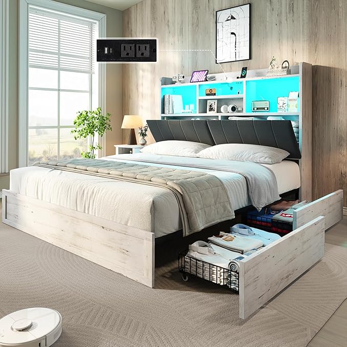 King Farmhouse Bed Frame with Bookcase Headboard and 4 Drawers, LED Storage Bed with Charging Station & Linen Upholstered, No Box Spring Needed, Distressed White
