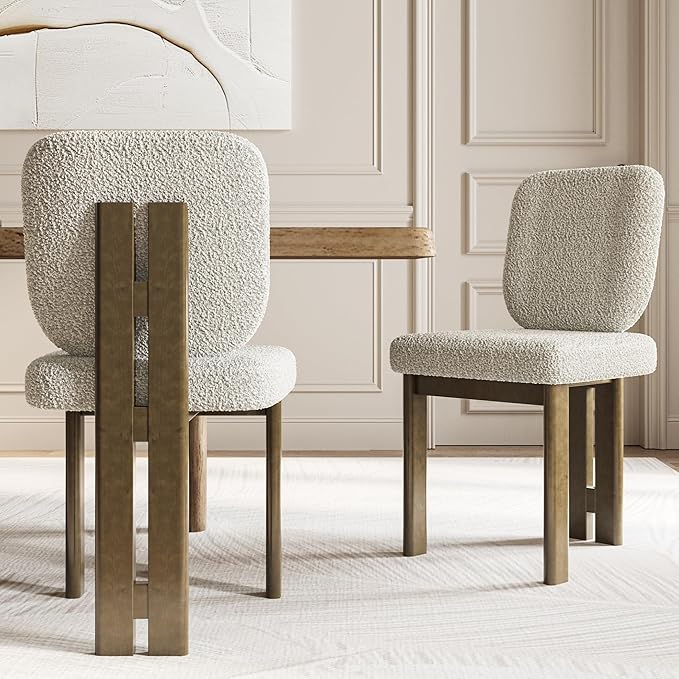 Modern Farmhouse Dining Chairs Set of 4, Boucle Upholstered Wooden Kitchen Chairs with Back, Walnut Wood Legs, Beige
