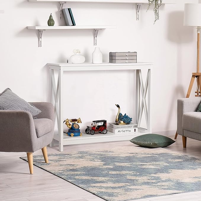 SUPER DEAL Console Table 39.5”, 2-Tier Narrow Sofa Side Table with Storage Shelf, Entrance Table for Hallway/Foyer/Living Room/Corridor/Office, White