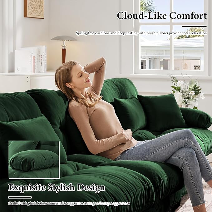 94.4” Oversized Loveseat Sofa, 2 Seater Modular Sectional Sofa, Green Large Sectional Couches for Living Room, Fluffy Chenille Fabric Cloud Couch with 4 Pillows, Deep Seat Sofas
