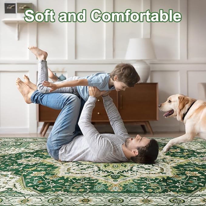 Area Rugs for Living Room 6x9 - Machine Washable Vintage Oriental Soft Rug, Low Pile Thin Floor Carpet with Non Slip Backing for Bedroom, Dorm, Under Dining Room Table, Indoor House, Office Decor