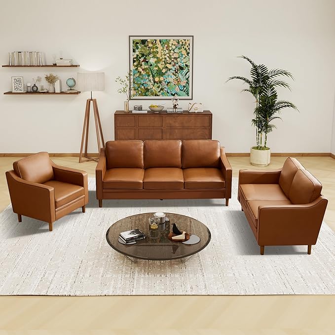 Kingfun Living Room Furniture Sets, 3 Seater Couch, Armchair and Loveseat, Mid Century Modern Sofa Set, Faux Leather Couch with Solid Wood Frame for Living Room & Bedroom, Dark Brown
