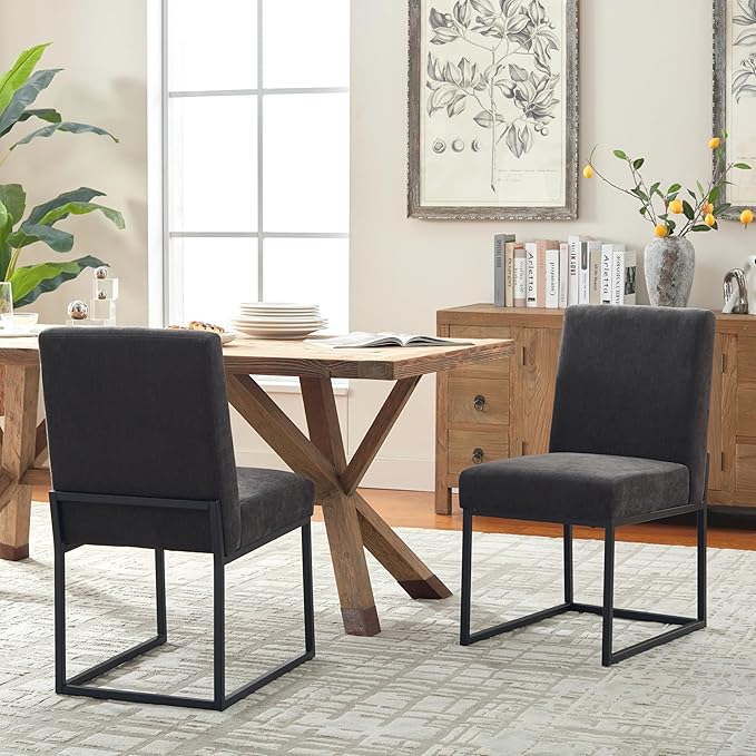 VKNOW Upholstered Dining Chairs Set of 2, Modern Dining Room Chairs, Linen Kitchen Chair Dinner Chair with Black Metal Base for Kitchen Office, Dark Grey-Unstriped