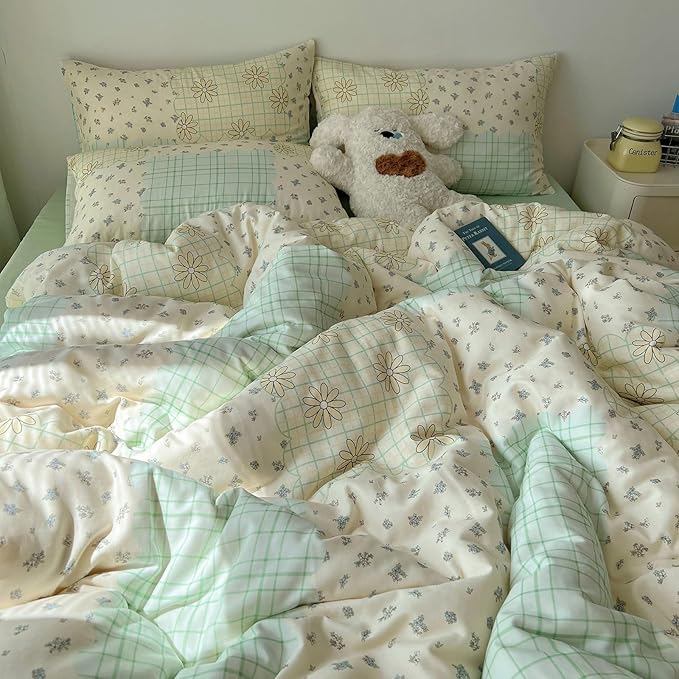 LifeTB 100% Cotton Muslin Duvet Cover Twin XL Aesthetic Floral Comforter Cover with Botanical Flower Cute Plaid Design Cottagecore Bedding Set Ultra Soft Breathable Gauze Duvet Cover for Kids Girls