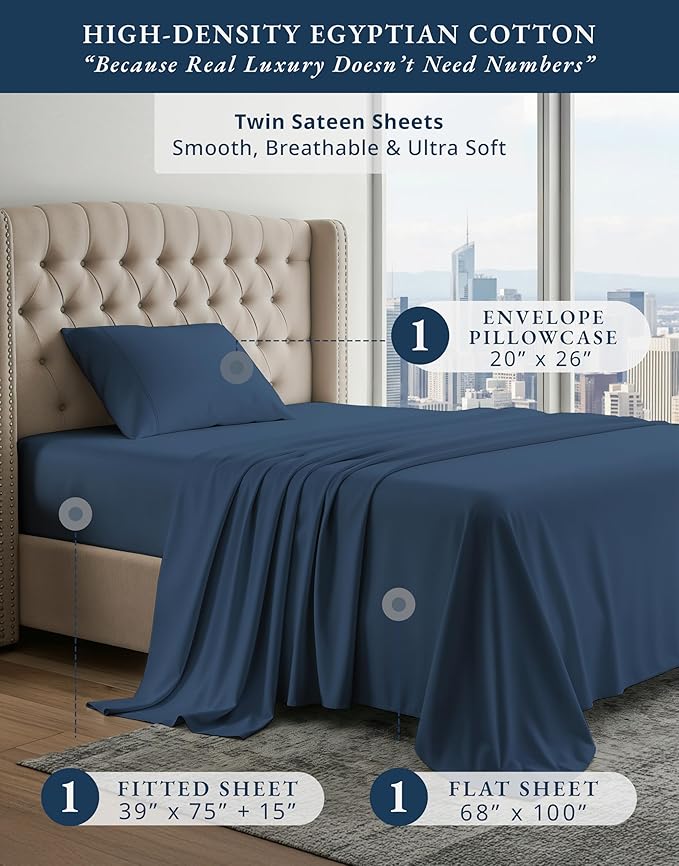LANE LINEN 100% Egyptian Cotton Bed Sheets Twin Size, Long Staple Mercerized Cotton Bedding Sheets, Luxury Hotel Like Thick 15 inch Deep Pocket Sheets Set, Reinforced French Seams - Estate Blue