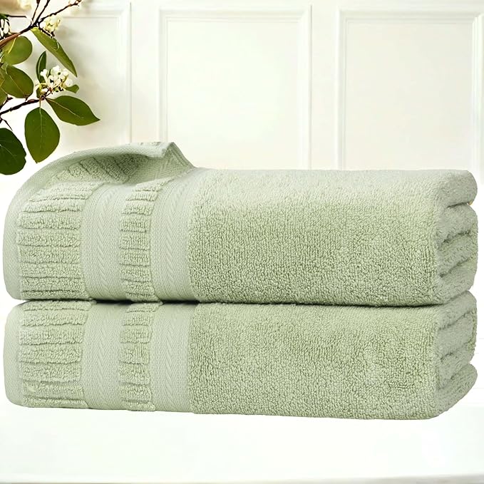 Superior Venice Zero Twist Cotton Medium Weight Towels, for Guest Bath, Bathroom, Shower, Spa, Plush Towels, Bath Essentials, Ribbed Textured Border, Bath Towels, Set of 2, Green