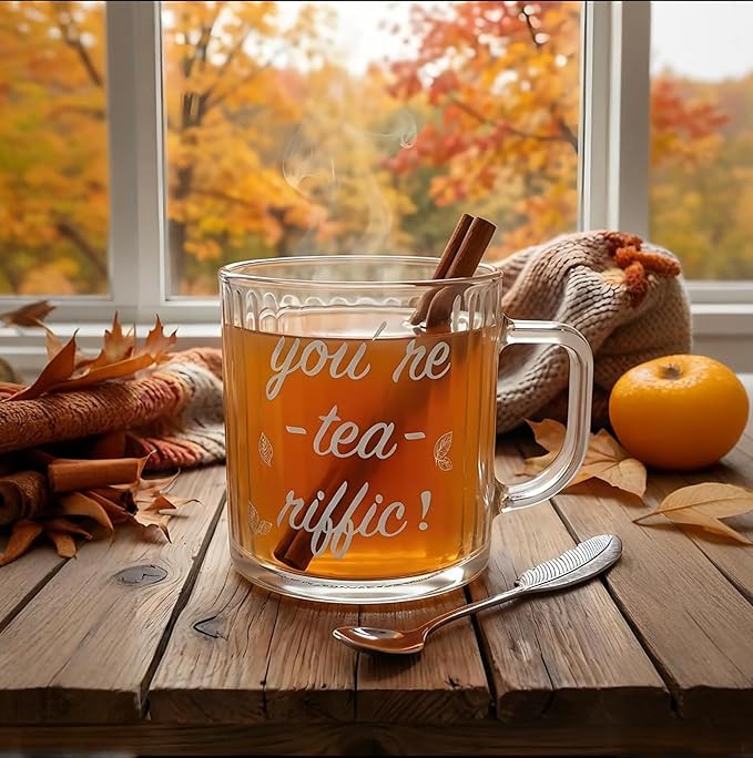 Large Ribbed Glass Coffee Mugs You're Tea Riffic Funy Clear Insulated Glass Cup with Handle & Spoon, 16 OZ Transparent Ribbed Tea Cup with English Breakfast Tea Set as Gift for Women