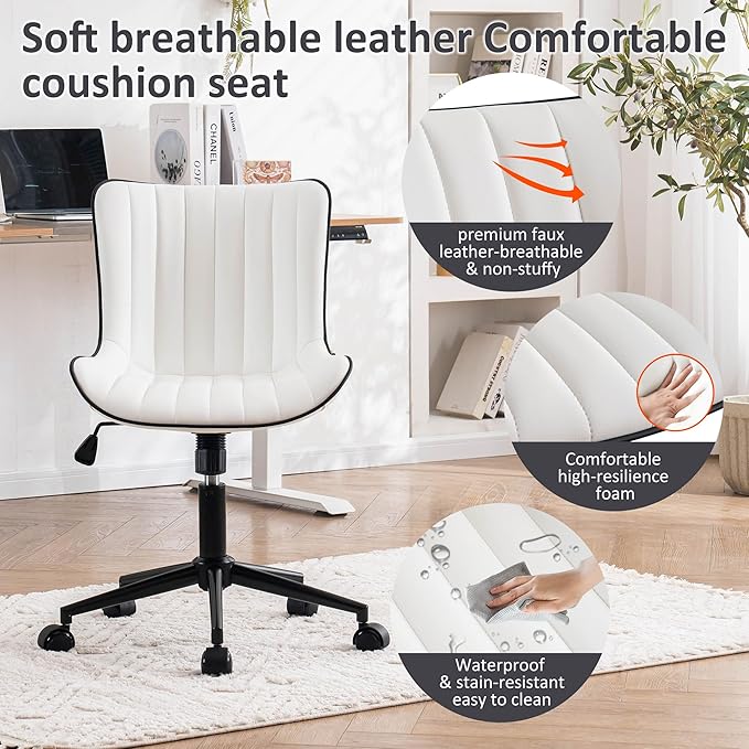 Kidol & Shellder White Leather Home Office Desk Chair with Wheels Modern Cute Armless Executive Swivel Vanity Chair with Comfy Padded Back Ergonomic Rolling Adjustable Computer Task Chair Small