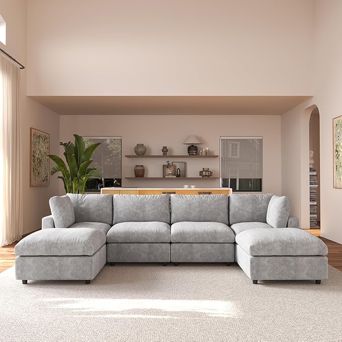 JACH U Shape Sectional Couches for Living Room, Modular Sofa with Chaise Ottomans, Cloud Sectional Couch, Sofa Covers Washable, Minimalist Couch for Living Room, Apartment, Light Grey