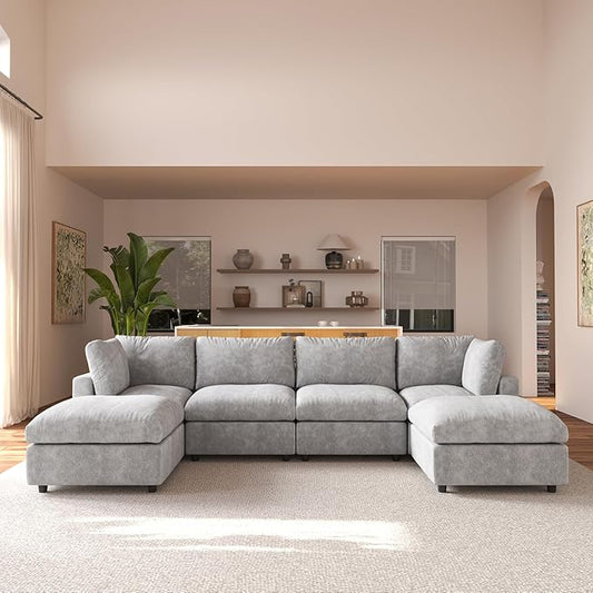 JACH U Shape Sectional Couches for Living Room, Modular Sofa with Chaise Ottomans, Cloud Sectional Couch, Sofa Covers Washable, Minimalist Couch for Living Room, Apartment, Light Grey